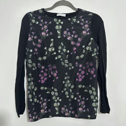 Warehouse Ladies Black Floral Round Neck T-Shirt Size 10 Long Sleeve Cotton Blen
