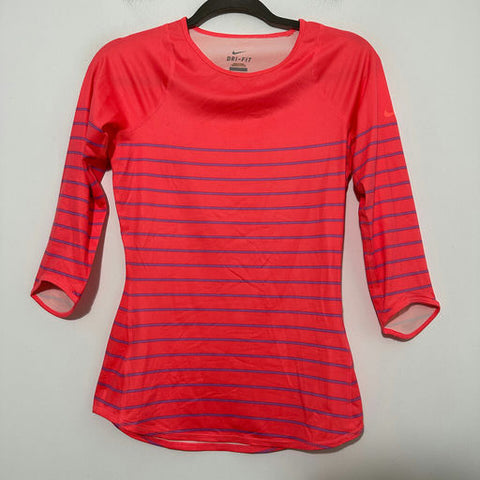 Nike Ladies Pink Activewear T-Shirt XS Polyester 3/4 Sleeve Striped DRI-FIT