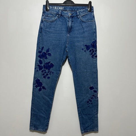 M&S Ladies Jeans Girlfriend m Blue Size 12 100% Cotton Floral