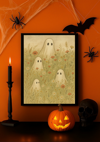 Four Ghosts in Wildflower Meadow Vintage Halloween Wall Art