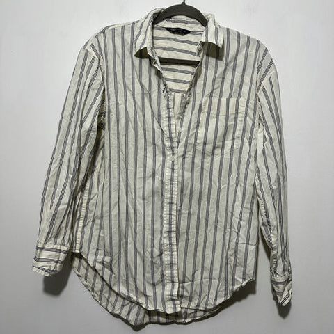 M&S Ladies Button-Up Top  White Size 10 100% Cotton Long Sleeve Striped