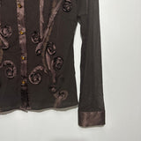 M&S Ladies Button-Up Top  Brown Size 10 Polyester Long Sleeve Sheer Floral