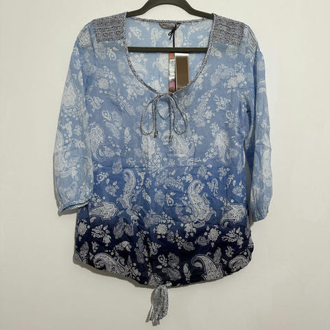 M&S Ladies Top  Blouse Blue Size 10 Cotton Blend  3/4 Sleeve