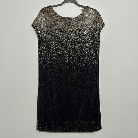 Next Ladies Black A-Line Knee Length Gold Sequin Size 12 Polyester Dress