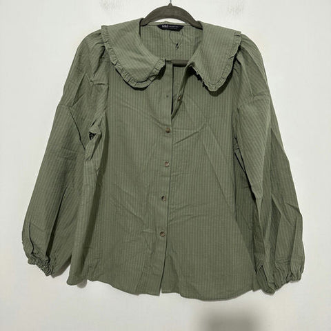 M&S Ladies Green Shirt Button Up Size 10 100% Cotton Long Sleeve Khaki