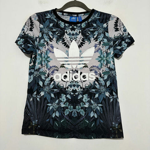 Adidas Blue Floral Activewear Top T-Shirt Size 6 Short Sleeve Polyester