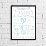 Personalised Baby Boy's Birth Blue Children's Bedroom Room Wall Decor Print