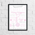 Personalised Baby Girl's Birth Pink Children's Bedroom Room Wall Decor Print