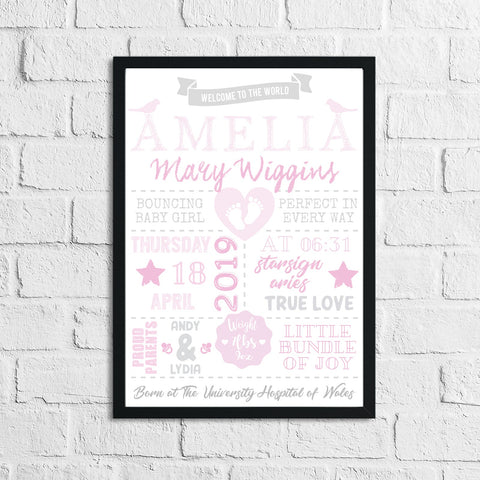 Personalised Baby Girl's Birth Pink Children's Bedroom Room Wall Decor Print