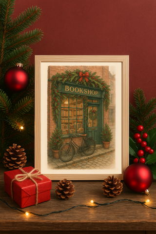 Christmas Bookshop Wall Art – Vintage Holiday Storefront with Bicycle Print
