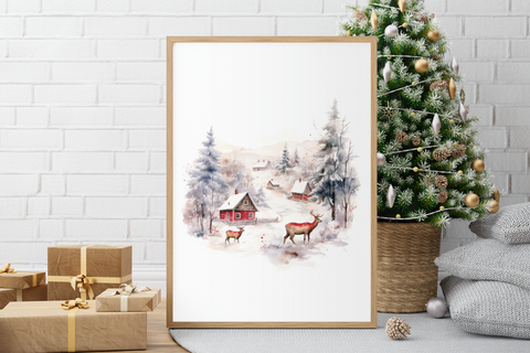 Christmas Reindeer Scene 2023 Winter Christmas Seasonal Wall Home Decor Print