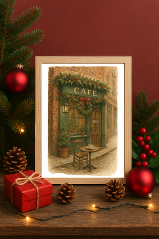 Christmas Traditional Café Wall Art Vintage Holiday Coffee Shop with Outdoor Table Print