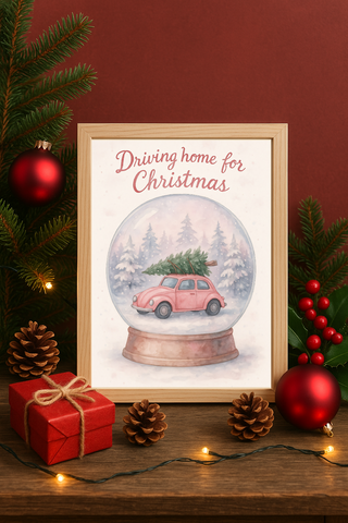 Driving Home for Christmas Snow Globe Wall Art – Pink Car with Tree Winter Print