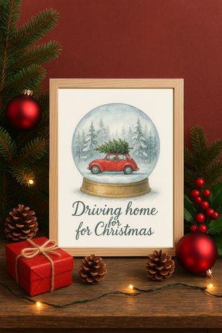 Driving Home for Christmas Snow Globe Wall Art – Red Car with Tree Winter Print