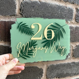 Sage Green Palm Leaf Design House Name/Number High Quality Acrylic Outdoor Or Inside Sign Including Fixtures & Standoffs - Assorted Colours & Fonts (See Images)