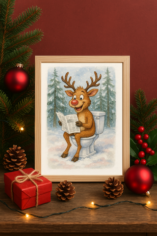 Funny Christmas Reindeer Toilet Wall Art – Cartoon Holiday Bathroom Humor Print