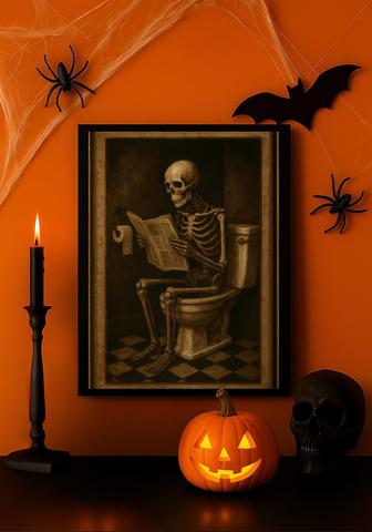 Funny Skeleton on Toilet Reading Newspaper – Vintage Spooky Halloween Bathroom Wall Art