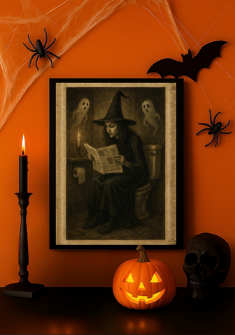 Funny Witch on Toilet Reading Newspaper – Spooky Vintage Halloween Wall Art Print