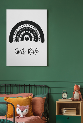 Girls Rule Rainbow Monochrome Boho Children's Room Wall Bedroom Decor Print