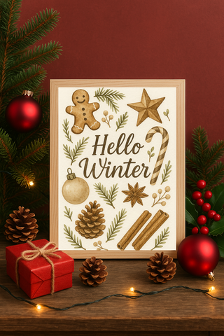 Hello Winter Wall Art – Rustic Holiday Print with Gingerbread, Pinecones & Candy Cane