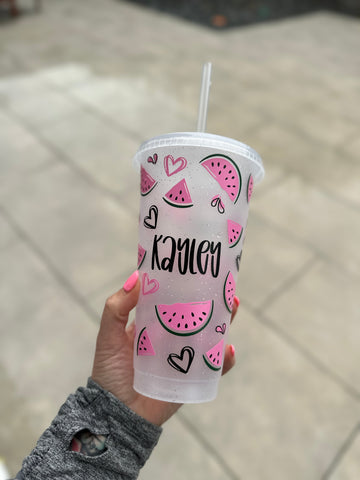 Watermelon Summer Personalised Name Tumbler Venti Cold Cup 24oz - With Straw