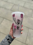Personalised Name Pink Floral Line Work Tumbler Venti Cold Cup 24oz - With Straw