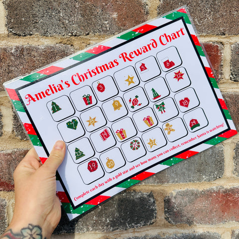 Personalised Name Christmas Reward Chart Santa Winter Christmas Seasonal Wall Home Decor Print - Laminated With Gold Stars