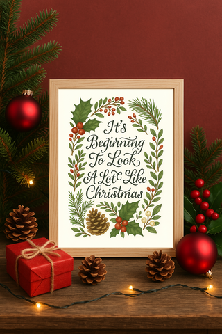 It’s Beginning Christmas Quote Wall Art – Festive Holly & Pinecone Holiday Print
