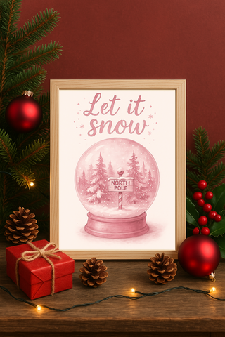 Let It Snow Wall Art – Pink North Pole Snow Globe Christmas Print