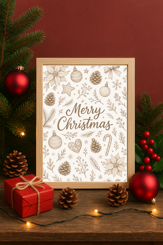 Neutral Merry Christmas Wall Art – Neutral Holiday Pinecones & Ornaments Print
