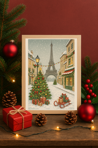 Paris Christmas Street Wall Art – Eiffel Tower Holiday Tree Print