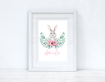 Personalised Pink Wording Floral Bunny Easter Spring Seasonal Wall Home Decor Print