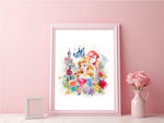 Three Princesses Floral Castle Watercolour Fairytale Children's Bedroom Room Wall Decor Print