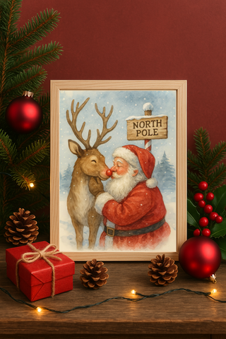 Santa and Reindeer Wall Art – North Pole Christmas Hug Print