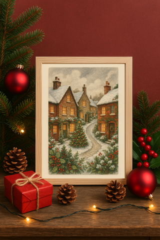 Snowy Holiday Cottages with Festive Tree Print Christmas Village Street Wall Art