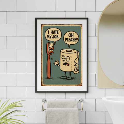 Funny Bathroom Wall Art – Talking Toilet Roll & Toothbrush Comic Print
