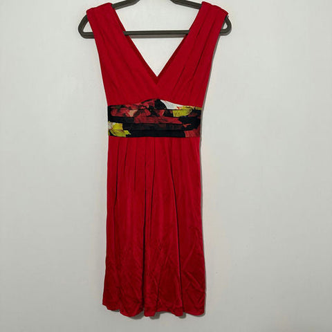 Ted Baker Red Floral A-Line Dress Size 3 Knee Length Viscose London Tie Back