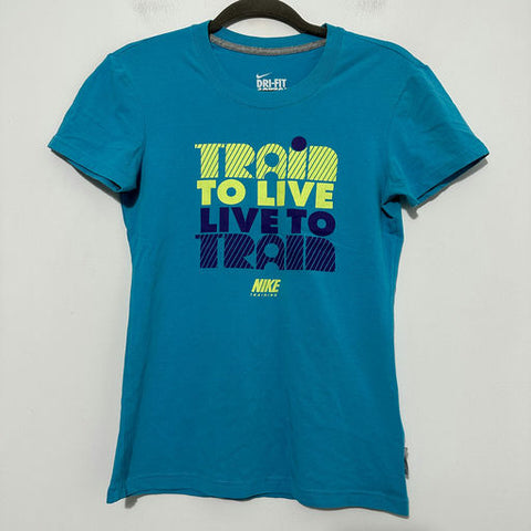 Nike Ladies Blue Activewear T-Shirt Size S DRI-FIT Cotton Blend Live Train