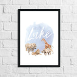 Personalised Zoo Animals Blue Name Children's Room Wall Decor Print