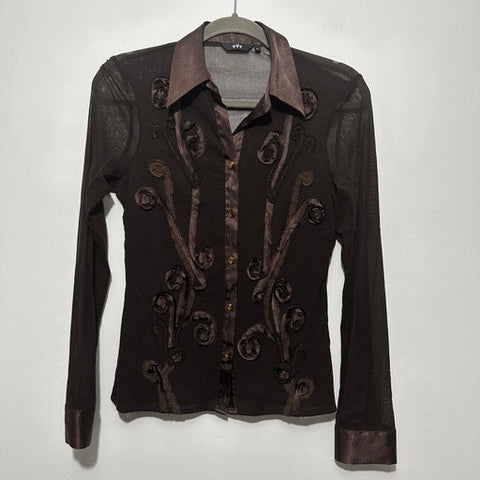 M&S Ladies Button-Up Top  Brown Size 10 Polyester Long Sleeve Sheer Floral