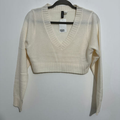 H&M Ladies Ivory Jumper Pullover Size M V-Neck Cropped 100% Acrylic