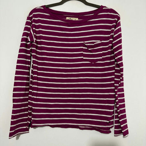 Hollister Ladies Top T-Shirt Purple XS Long Sleeve White Striped Cotton Blend