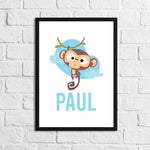 Cartoon Monkey Personalised Name Blue Children's Room Wall Decor Print