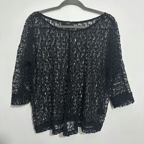 Next Black Casual Top Size 12 Polyester 3/4 Sleeve Oversize Netted See-through