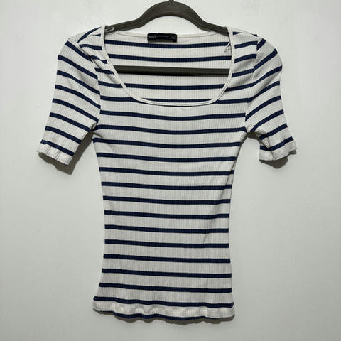 M&S Ladies T-Shirt Top  White Size 6 Viscose Short Sleeve Striped Blue