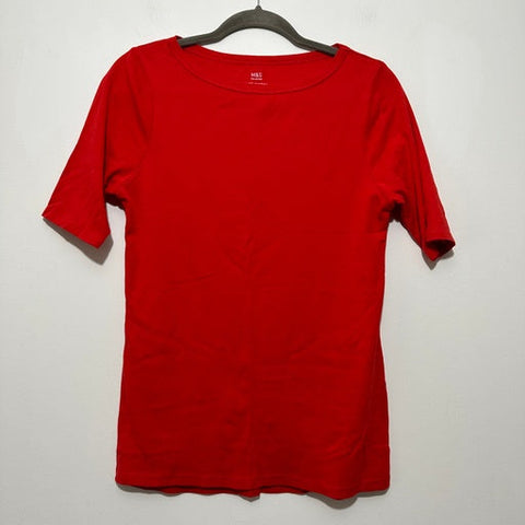M&S Ladies T-Shirt Top  Red Size 14 Cotton Blend Short Sleeve Boat Neck