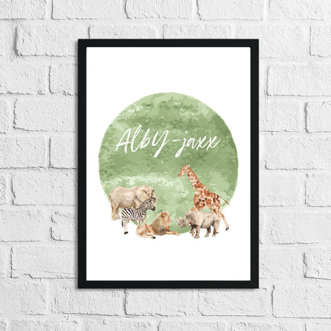 Personalised Zoo Animals Army Green Name Children's Room Wall Decor Print