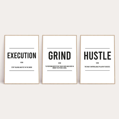 Grind Hustle Execution Inspirational Wall Decor Quote Print Set Of 3