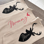 Personalised Name Reindeer Stag Head Natural Hessian Christmas Stocking