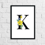 Personalised Black Initial Floral Children's Room Wall Decor Print